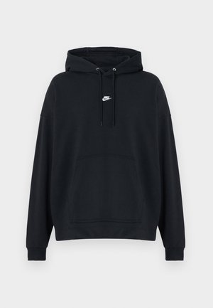Zwarte Nike hoodie met voorzak in kangoeroestijl, verstelbare capuchon met trekkoord en klein wit Nike-logo in het midden van de borst.