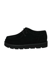 Scarpa in suede nera con punta arrotondata, design con lacci e suola in gomma nera a contrasto. Presenta dettagli di cucitura lungo i bordi.