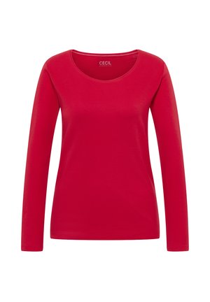 Czerwona koszulka z długim r�ękawem wykonana z bawełny, z okrągłym dekoltem i gładką, równą strukturą. Brak widocznych wzorów lub akcentów.