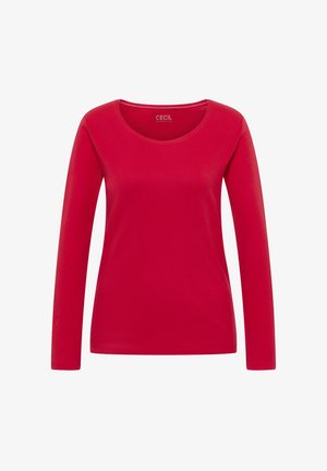 Czerwona koszulka z długim rękawem wykonana z bawełny, z okrągłym dekoltem i gładką, równą strukturą. Brak widocznych wzorów lub akcentów.