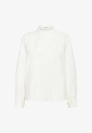 Balta ilga rankovė blouse su aukštu kaklu, lygia tekstūra ir subtiliais siuvinėjimais ant krūtinės. Mygtukų akcentai ant pečių.