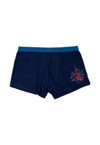 Boxer shorts blu navy con un design di un colore solido, dotati di un grafico con ragno e ragnatela sul lato sinistro e una vita azzurra chiara.