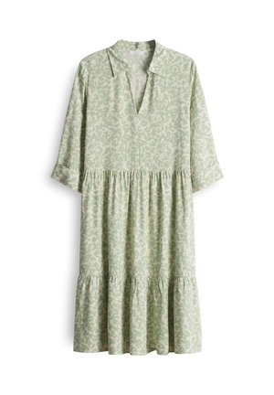 Light green dress with a subtle patterned texture, featuring a collar, V-neckline, three-quarter sleeves, and a tiered skirt.