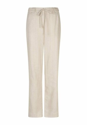 Beige rechte broek met subtiele verticale krijtstrepen, elastische tailleband en vooraan koordstrik, geschikt voor casual draagmomenten.