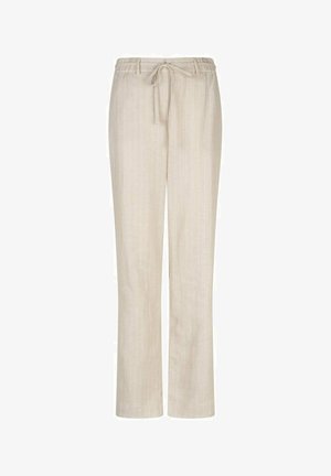Pantalon beige à jambe droite avec fines rayures verticales, taille élastique et cordon de serrage à l'avant, adapté pour un usage décontracté.