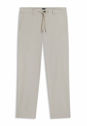 Pantalones rectos de color beige claro con bolsillos delanteros, presillas para cinturón, un botón y cierre de cintura con cordón.