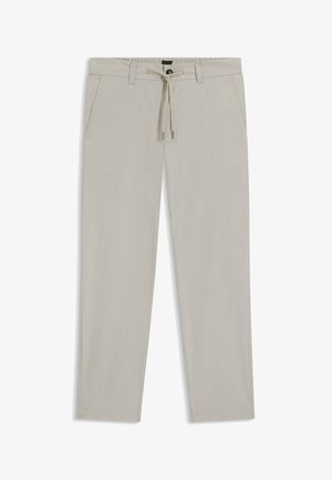 Pantaloni beige chiaro a gamba dritta con tasche anteriori, passanti per cintura, bottone e chiusura in vita con coulisse.