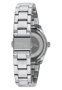 Ure i rustfrit stål med et poleret sølvfarvet link-armbånd, rund kasse og en glat, metallisk urskive. Har en lås med indbygget branding.
