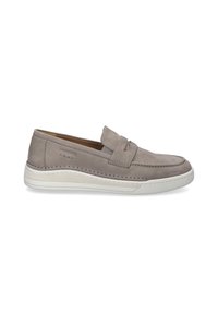 Graue Wildleder-Slipper mit runder Zehenpartie, kontrastierenden Nähten und einer weißen Gummisohle. Minimalistisches Design ohne sichtbare Markenkennzeichnung.