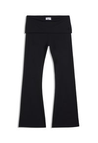 Pantaloni yoga neri a zampa d'elefante realizzati in tessuto elastico. Presentano una larga vita elasticizzata e una superficie liscia, con dettagli di branding minimi.