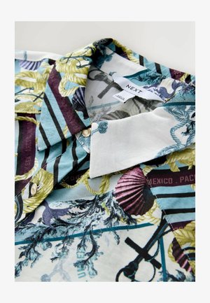 Kurzärmeliges Hemd mit Knopfleiste, das ein buntes Blumen- und Streifenmuster in Blau, Grün, Lila und Schwarz sowie ein klassisches Kragendesign aufweist.