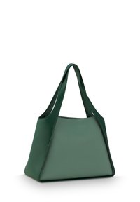 Grüne Leder-Tote-Bag mit strukturiertem Design, glatter Textur und dreieckiger Form. Verfügt über doppelte Griffe und kontrastierende Besätze.