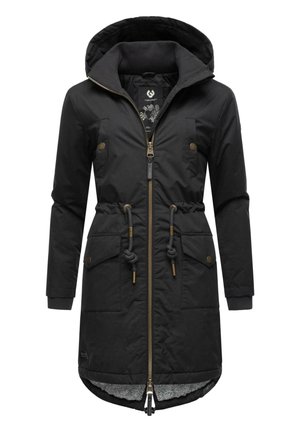 Zwarte capuchonparka met een sluiting met rits aan de voorkant, een trekkoord in de taille, vier zakken en een gestructureerde voering. Voorzien van gouden hardwaredetails.