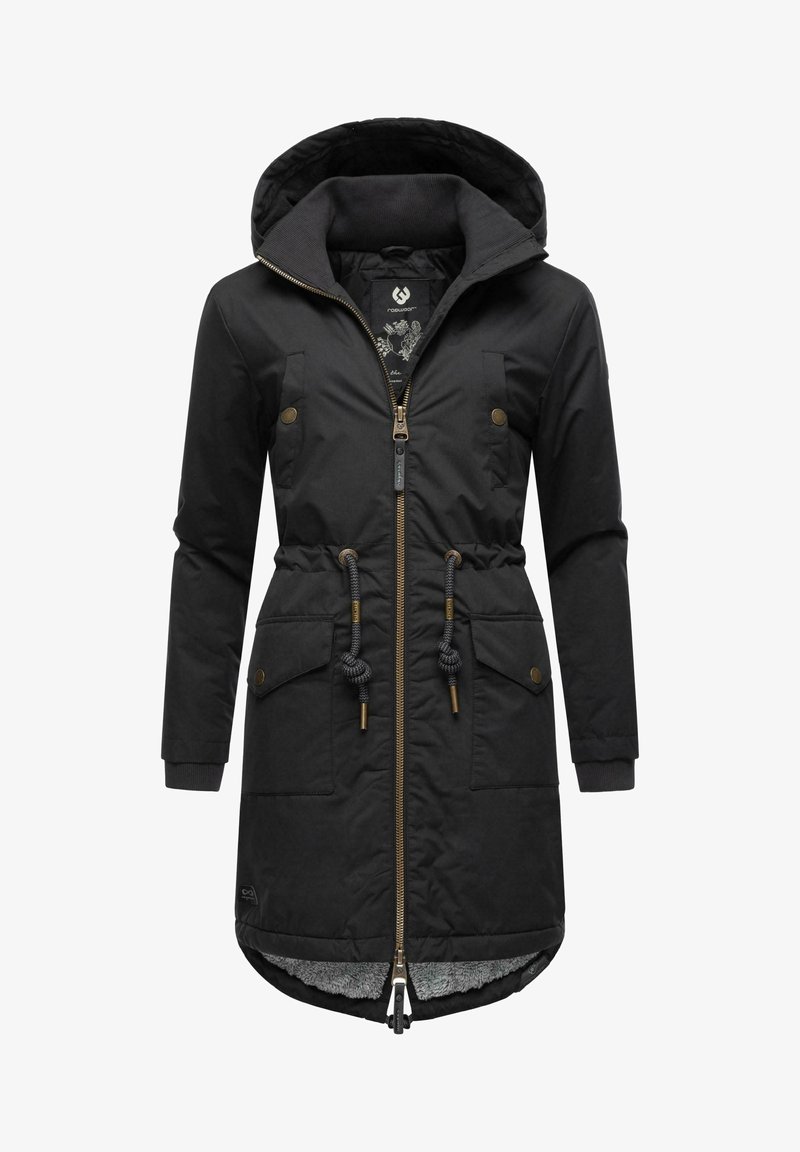 Black hooded parka with a front zip closure, drawstring waist, four pockets, and textured lining. Features gold hardware details.