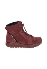 Burgundy mokkasiinit nilkkakengät, joissa on musta fleecevuori, nauhoitus edessä ja teksturoidulla kumipohjalla, jossa on kontrastoiva sivulogo-raidat.
