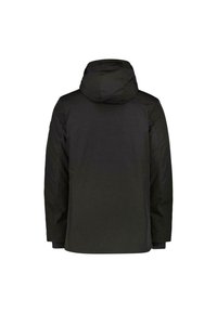 Zwarte hoodie-jas met een gladde, matte afwerking. Voorzien van een ritsluiting en elastische manchetten. De achterkant heeft een klein logo detail nabij de nek.