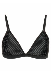 Zwarte driehoekige beha met dunne verstelbare bandjes, voorzien van een stippenmesh ontwerp. Afgewerkt met een stevige zwarte stof voor ondersteuning.