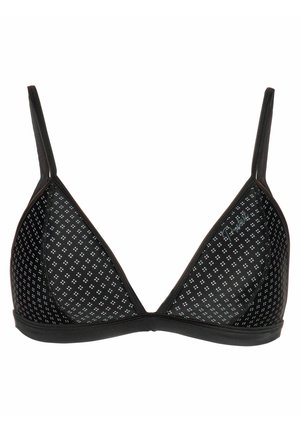 Zwarte driehoekige beha met dunne verstelbare bandjes, voorzien van een stippenmesh ontwerp. Afgewerkt met een stevige zwarte stof voor ondersteuning.