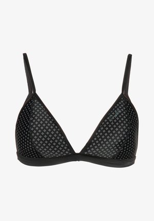 Zwarte driehoekige beha met dunne verstelbare bandjes, voorzien van een stippenmesh ontwerp. Afgewerkt met een stevige zwarte stof voor ondersteuning.