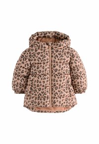 Løvepletet pufferjakke i en blød pink nuance, med hætte, lynlås foran og elastiske manchetter for varme og komfort.