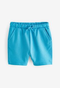 Shorts bleu clair en tissu doux, avec une taille élastique, un cordon de serrage et deux poches latérales. Texture lisse, design décontracté.