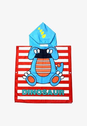 Serviette à capuche bleue pour enfant avec motif dinosaure dessin animé, rayures horizontales orange et blanches, et le mot "DINOSAUR" en lettres bleu sarcelle.