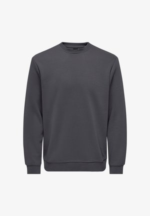 Grå crewneck-genser i teksturert stoff, med lange ermer og ribbestrikkede mansjetter og hemkant. Enkel design uten synlige logoer.