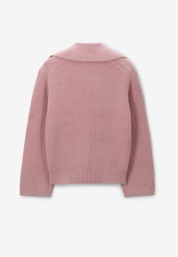 Hellrosa gestrickter Pullover mit weit geschnittenem Kragen, geripptem Saum und Bündchen. Verfügt über eine strukturierte Webart und Raglanärmeldesign.