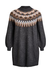 Un pull en tricot gris foncé avec un col montant, orné d'un motif en rouille, crème et noir sur la poitrine. Manches bouffantes et coupe ample.
