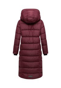 Burgundy puffer coat with a hood, featuring vertical stitched panels, long sleeves, and elastic cuffs. Brand label near the hem.