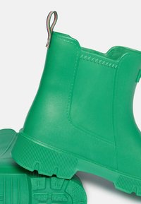 Zelené gumové členkové čižmy s textúrovaným povrchom, zaoblenou špičkou a zúženou podrážkou. Obsahujú pútko v dúhových farbách pre jednoduché obúvanie.