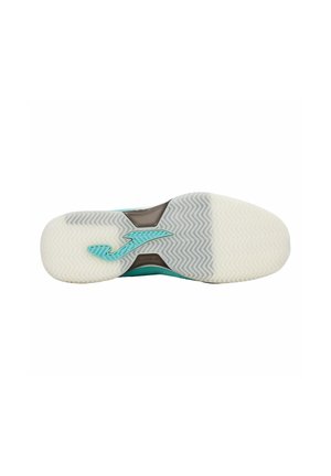 Suola di scarpa con motivo a zigzag, gomma bianca traslucida e logo turchese al centro su sfondo bianco semplice.