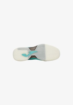 Suola di scarpa con motivo a zigzag, gomma bianca traslucida e logo turchese al centro su sfondo bianco semplice.