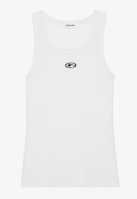 White ribbed tank top featuring a round neckline and thin straps. Displays a black embroidered logo on the chest.