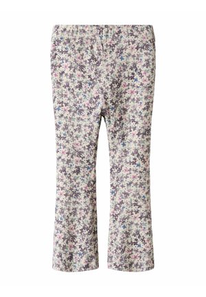 Pantalon enfant avec un petit motif floral couvrant l'ensemble dans des tons violet, bleu, rose et vert atténués sur un fond clair.