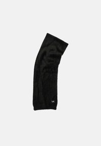 Gant de poignet en fourrure noire avec un design courbé, texture douce et logo brodé 'MK' sur le bord. Idéal pour apporter chaleur et confort.