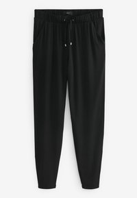 Pantaloni jogger neri realizzati in tessuto morbido, con vita elastica, cordoncino e tasche laterali. Design con gambe affusolate.