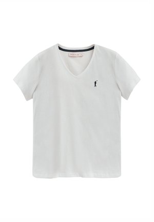 Biała koszulka z krótkim rękawem i dekoltem w serek. Na lewej piersi znajduje się małe czarne logo przedstawiające osobę grającą w golfa. Wykonana z miękkiej bawełny.