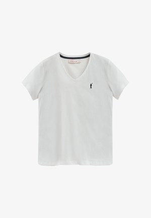 Witte T-shirt met korte mouwen en een V-hals ontwerp. Heeft een klein zwart logo van een persoon die golf speelt op de linkerborst. Gemaakt van zachte katoen.