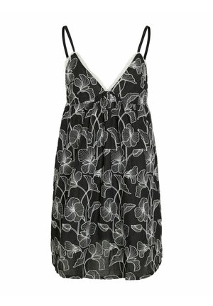Abito nero con ricami floreali bianchi. Presenta spalline regolabili, scollatura a V e una silhouette fluida. Rifinitura in pizzo alla scollatura.