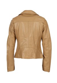 Skórzana kurtka w kolorze jasnobrązowym z długimi rękawami, widocznym przeszyciem i klasycznym kołnierzem, pokazana od tyłu na białym tle.
