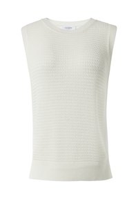 Ärmelloses, cremefarbenes Stricktop mit strukturiertem Muster, geripptem Halsausschnitt und Saum, das eine lockere Silhouette und ein leichtes Tragegefühl bietet.