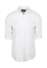 Witte linnen overhemd met een button-down kraag, lange mouwen opgerold en een gestructureerde afwerking, voorzien van een voorste knoopsluiting en een rechte zoom.