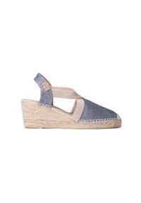Blue and beige espadrille wedge sandal with a woven jute sole, cross-strap design, and textured fabric upper. Lightweight and breathable.