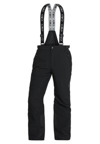Pantalon de ski noir isolé avec bretelles réglables et poches latérales zippées, conçu pour temps froids et activités de neige.