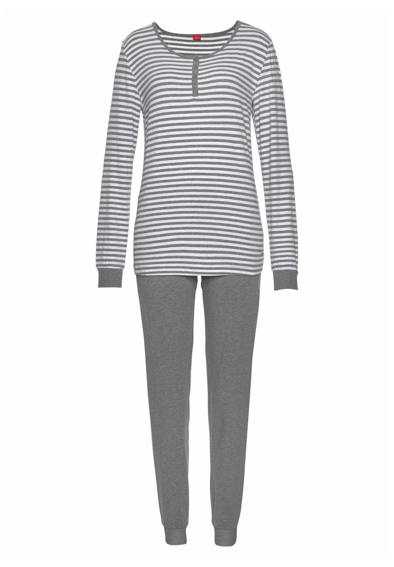 Grau gestreiftes Langarmshirt mit rundem Ausschnitt und Knopfdetail, kombiniert mit einfarbigen grauen Hosen mit taillierter Beinform.