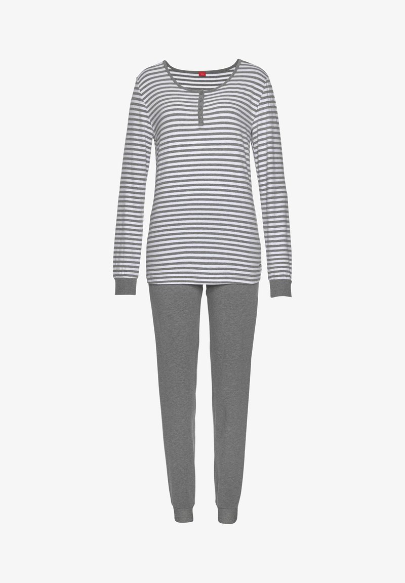 Grau gestreiftes Langarmshirt mit rundem Ausschnitt und Knopfdetail, kombiniert mit einfarbigen grauen Hosen mit taillierter Beinform.