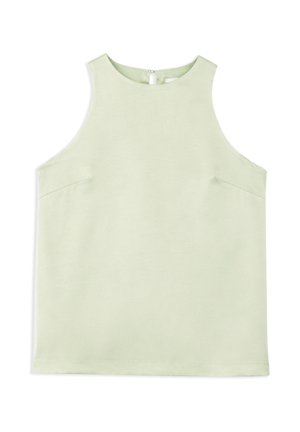 Top sin mangas de color verde pálido con cuello redondo alto y cierre de botones en la parte trasera, mostrado extendido sobre un fondo blanco.