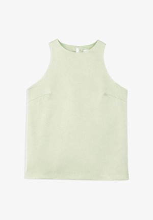 Top sin mangas de color verde pálido con cuello redondo alto y cierre de botones en la parte trasera, mostrado extendido sobre un fondo blanco.