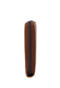 Brown leather wallet with a zipper closure, featuring a textured surface and a slim profile. Hardware is black, contrasting with the material.